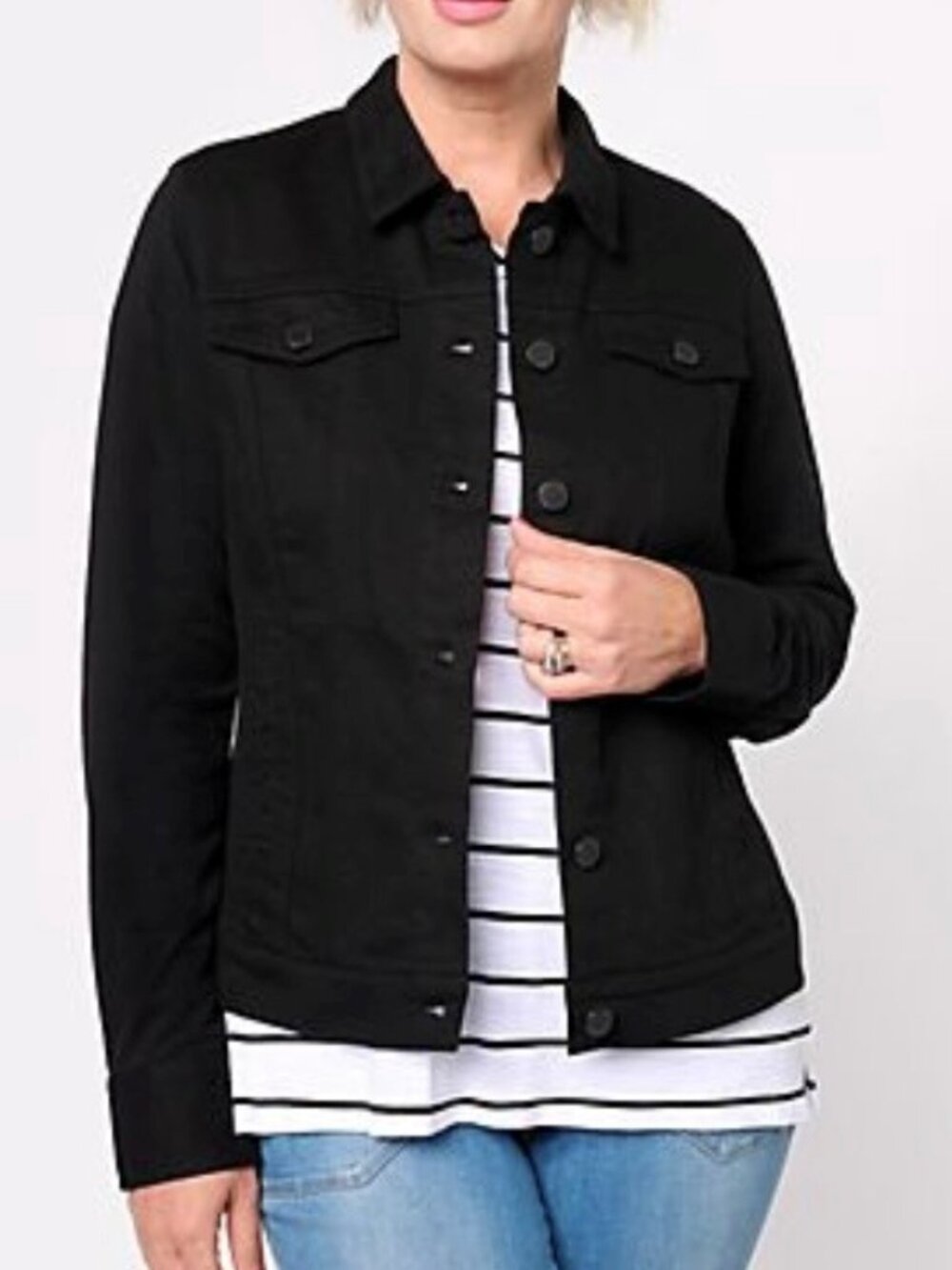 BELLE BY KIM GRAVEL Black Twill Denim Trucker Jacket Knit Back & Sleeves M EUC - Picture 5 of 11